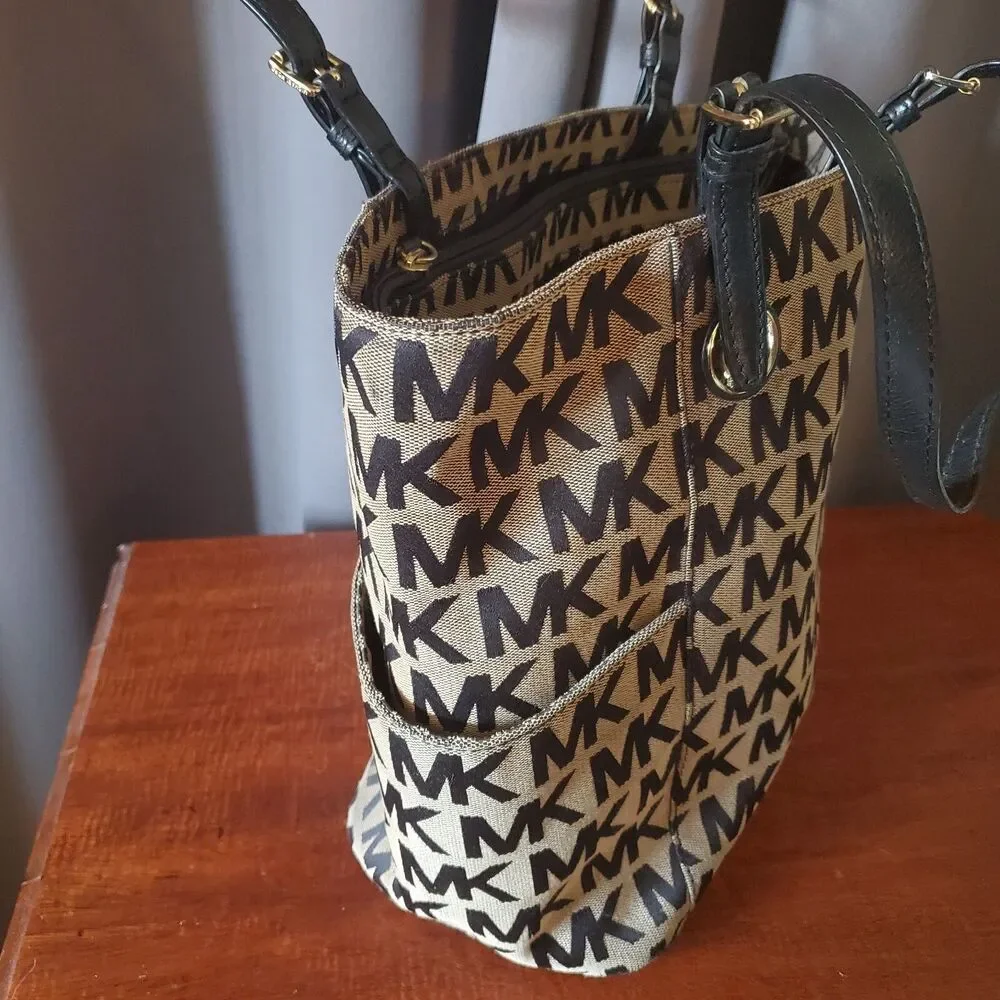 Michael Kors Jet Set Designer Shoulder Bag Travel Tote Purse, Tan & Black